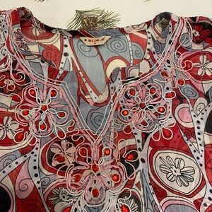 Colorful Sheer Blouse W/faux Gems & Silver Threading